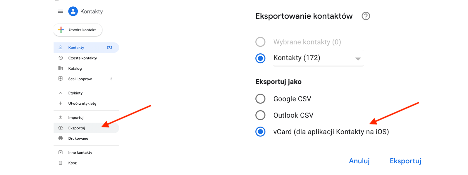 Eksport kontaktów Google