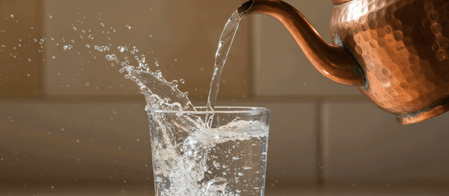 Nalewanie wody z miedzianego naczynia do szklanki