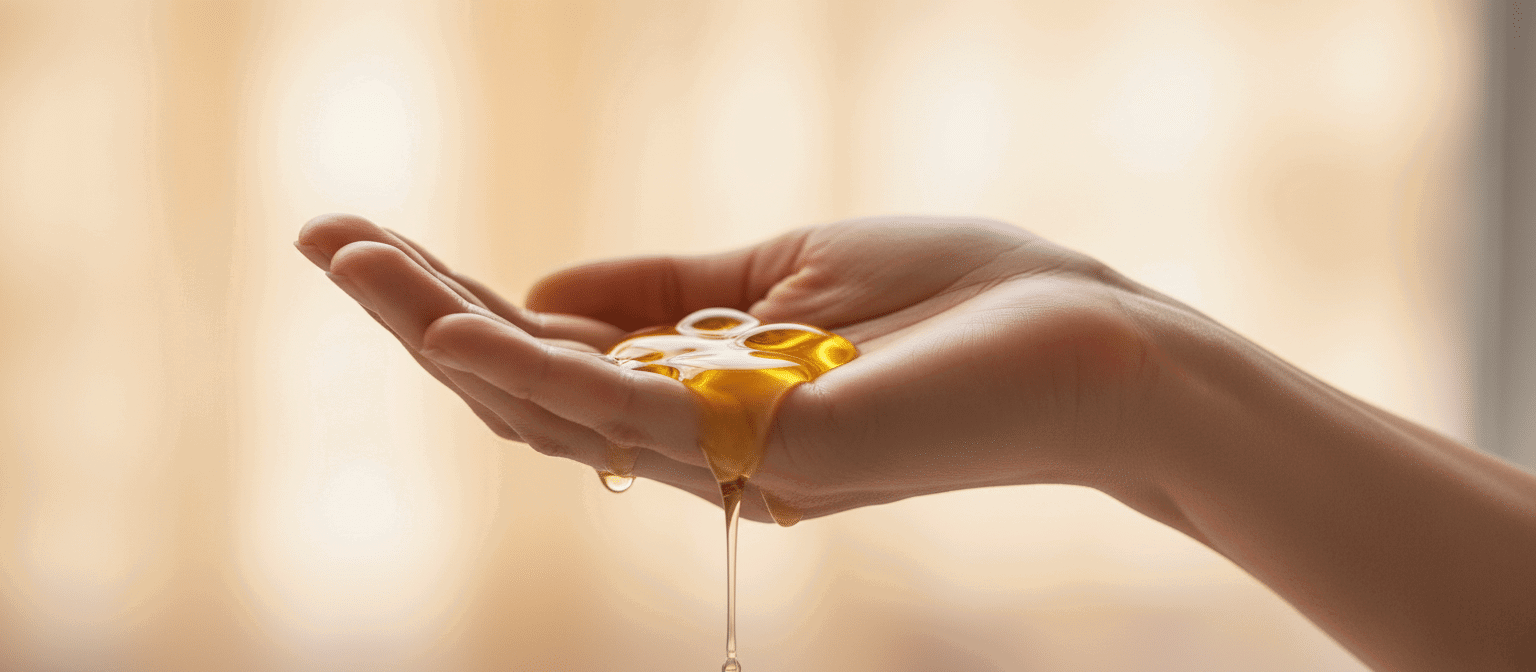 Kropla złotego olejku na dłoni, naturalna pielęgnacja