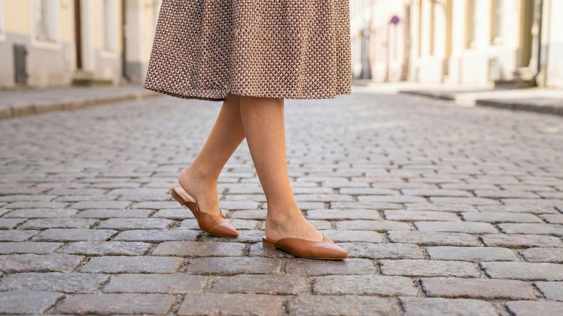 Detal wiosennej stylizacji: eleganckie płaskie klapki typu mule w połączeniu ze wzorzystą sukienką na miejskim bruku.