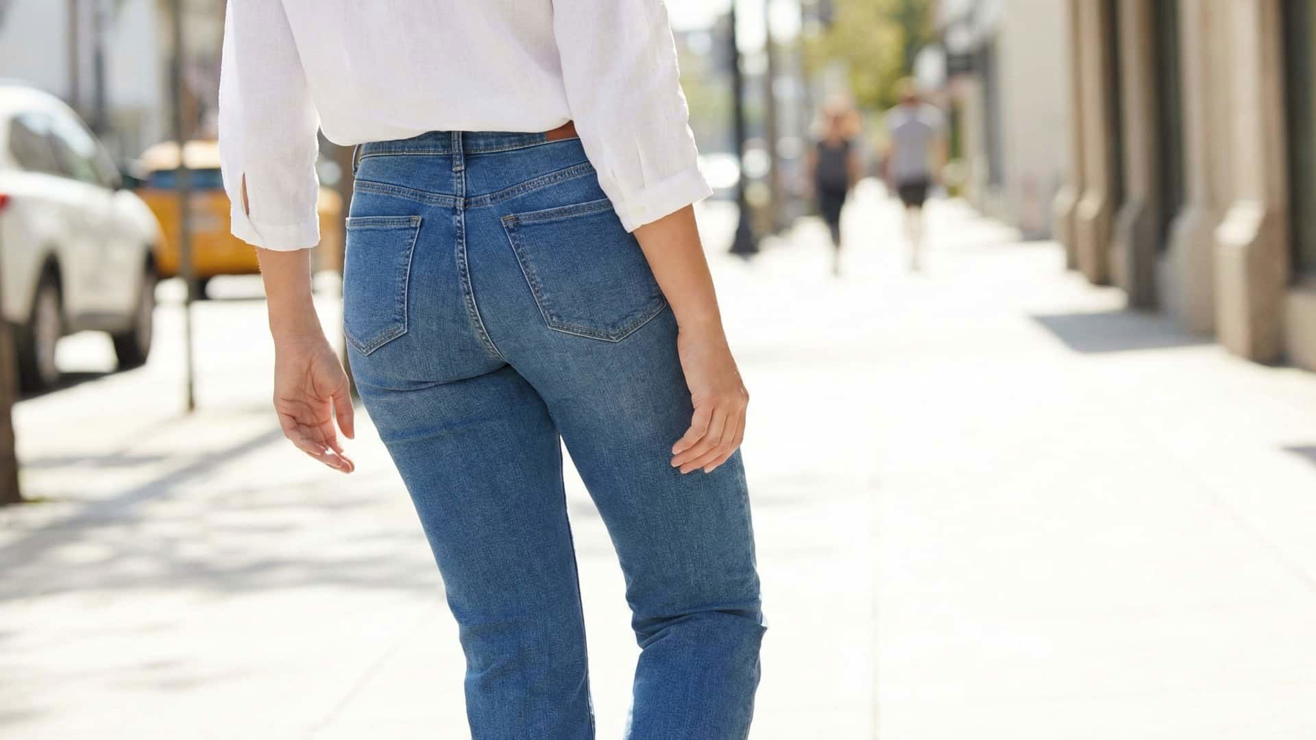 Idealne jeansy na wiosnę. Jak dobrać fason do sylwetki, by optycznie unieść pośladki? Promienna, dojrzała kobieta w nowoczesnej, monochromatycznej stylizacji w odcieniach beżu spacerująca z psem.
