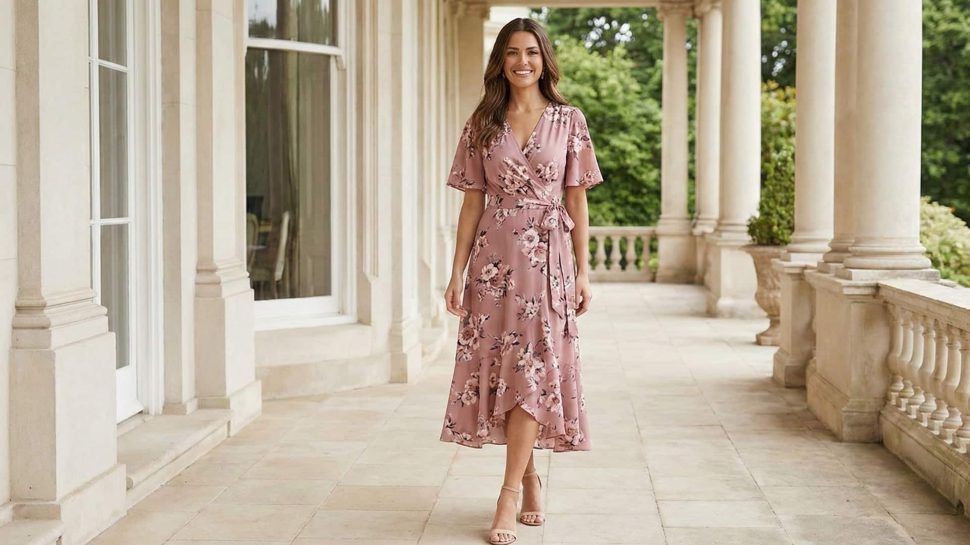 Uśmiechnięta kobieta w eleganckiej, pudrowo-różowej sukience w kwiaty idealnej na wesele lub komunię.