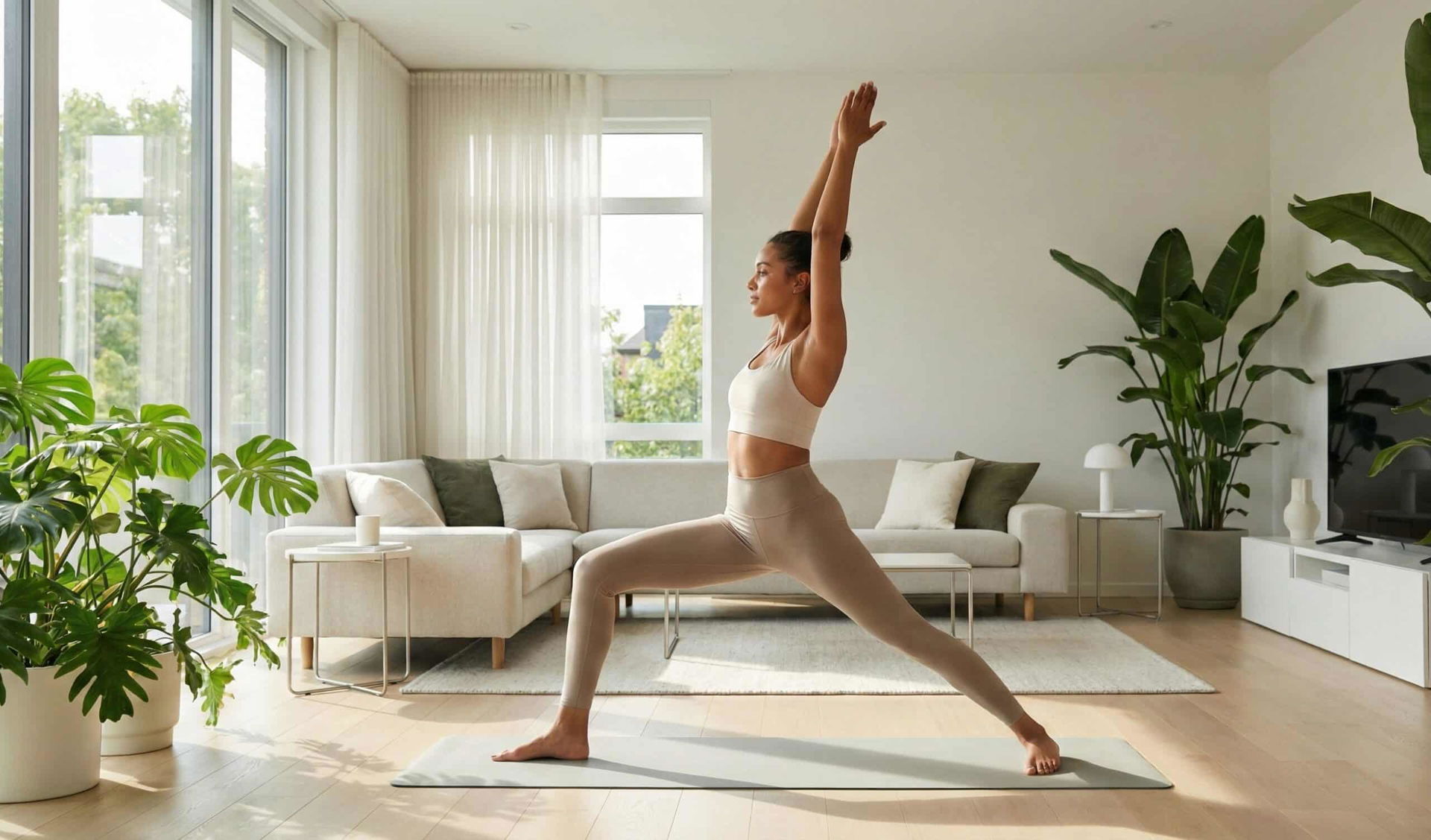 Jak stres wpływa na cerę? Czym są neurokosmetyki i dlaczego ich potrzebujesz Młoda kobieta w beżowym stroju sportowym wykonująca pozycję jogi w przestronnym, nasłonecznionym salonie z dużymi oknami i roślinami.