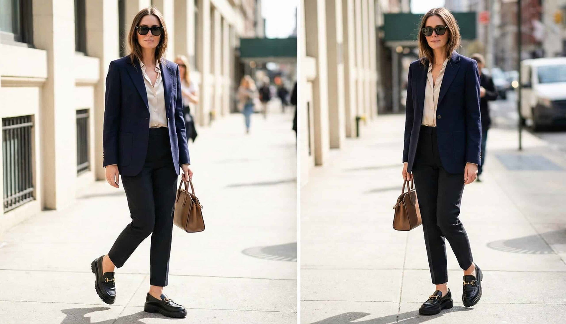 Kobieta w eleganckiej stylizacji do pracy z czarnymi loafersami na masywnej podeszwie, dopasowanymi spodniami cygaretkami, jedwabną koszulą i granatową marynarką.