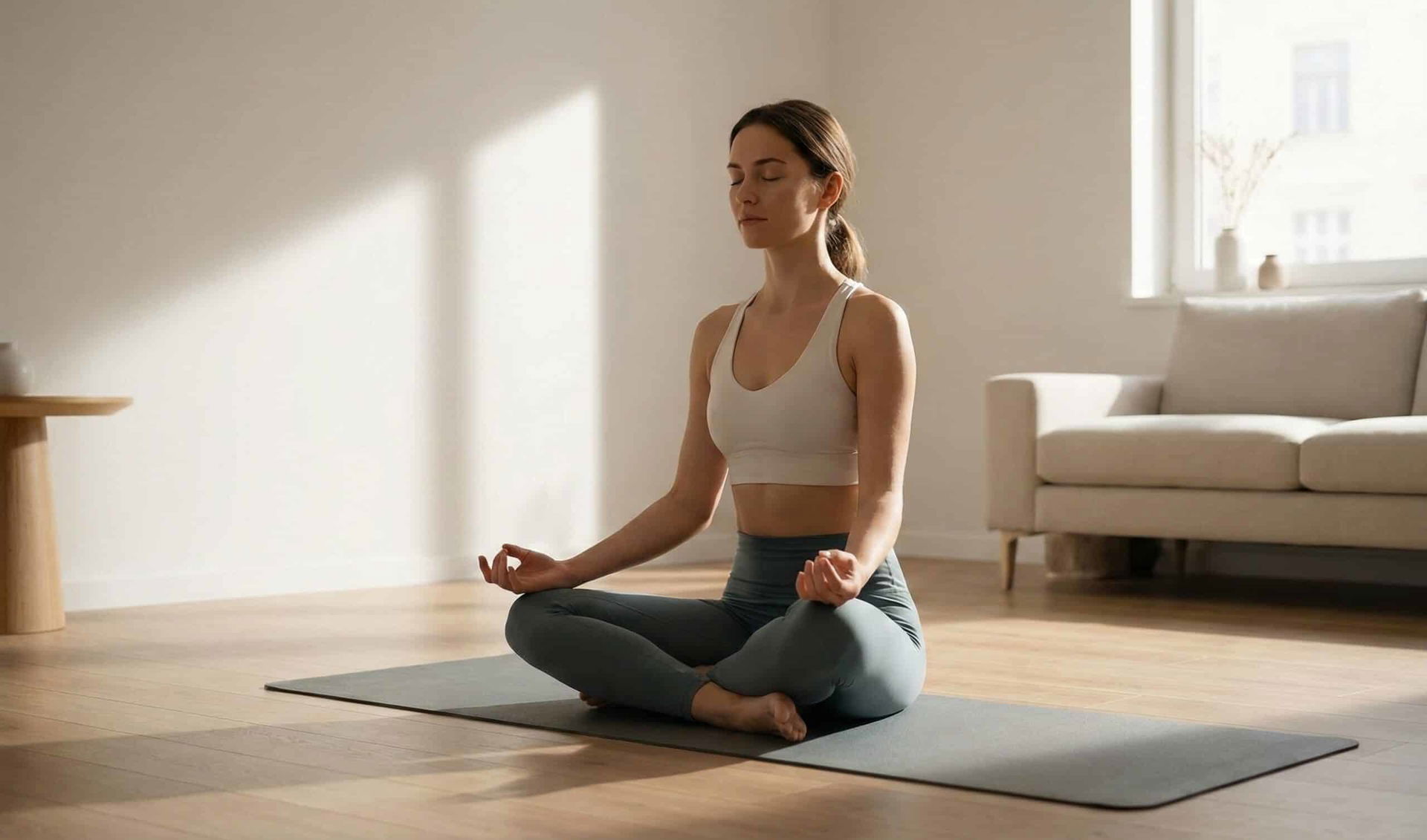 Kobieta medytująca w pozycji lotosu na macie w minimalistycznym, jasnym salonie