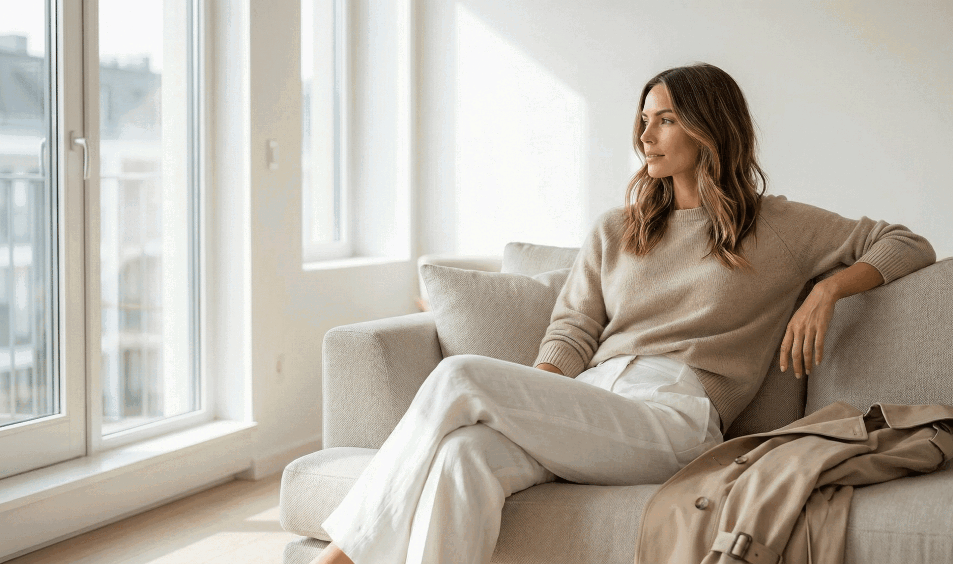 Kobieta w beżowym swetrze i białych spodniach odpoczywająca na kanapie w słonecznym pokoju