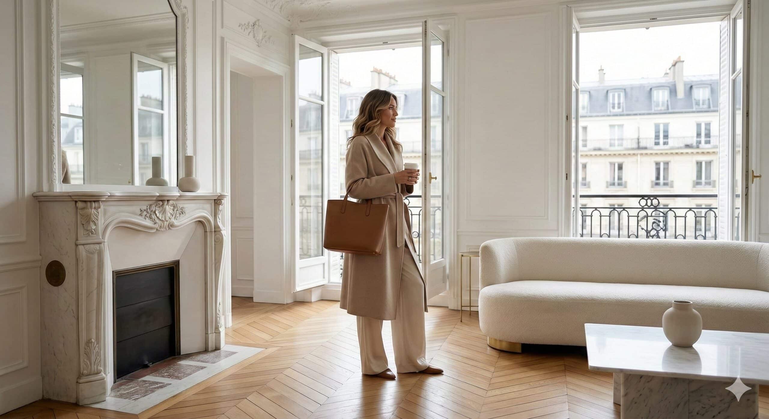 Kobieta w beżowym płaszczu i jedwabnych spodniach stoi w jasnym, minimalistycznym apartamencie w stylu paryskim.