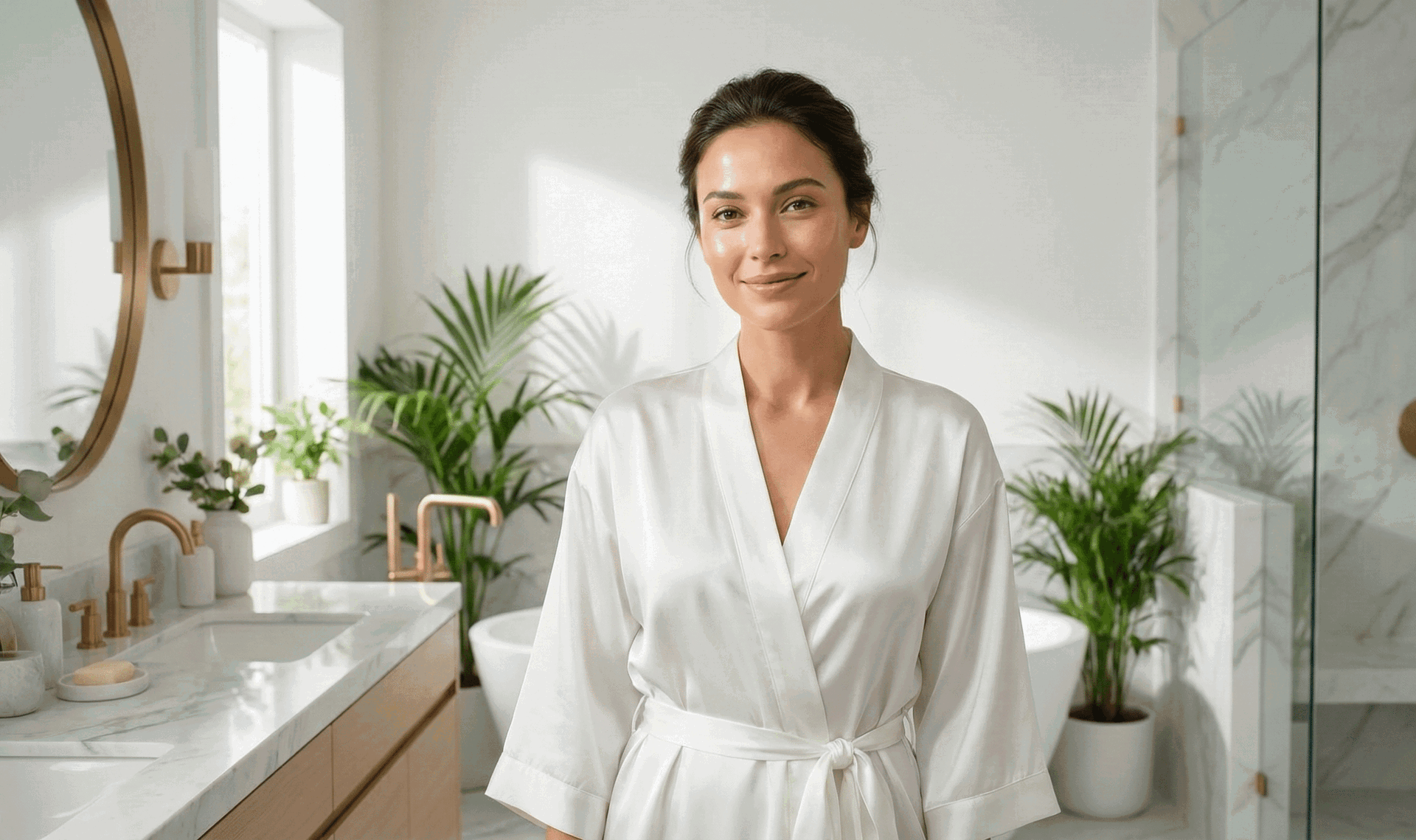 Uśmiechnięta kobieta w jedwabnym szlafroku stojąca w luksusowej, jasnej łazience