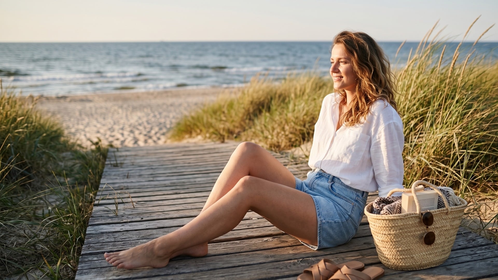 Kobieta w jasnoniebieskich szortach Zara Z1975 typu 'mom fit' i białej lnianej koszuli, siedząca na drewnianym pomoście na plaży podczas zachodu słońca, patrząca na morze.